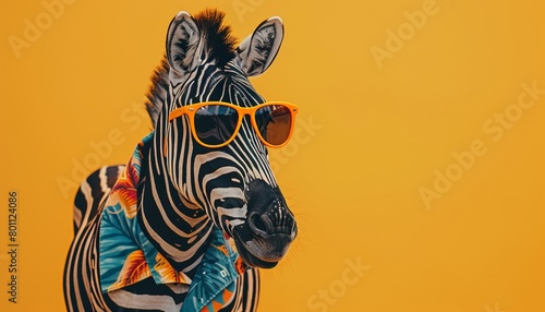 Trendy zebra in orange sunglasses and colorful hawaiian shirt, exuding style and charm