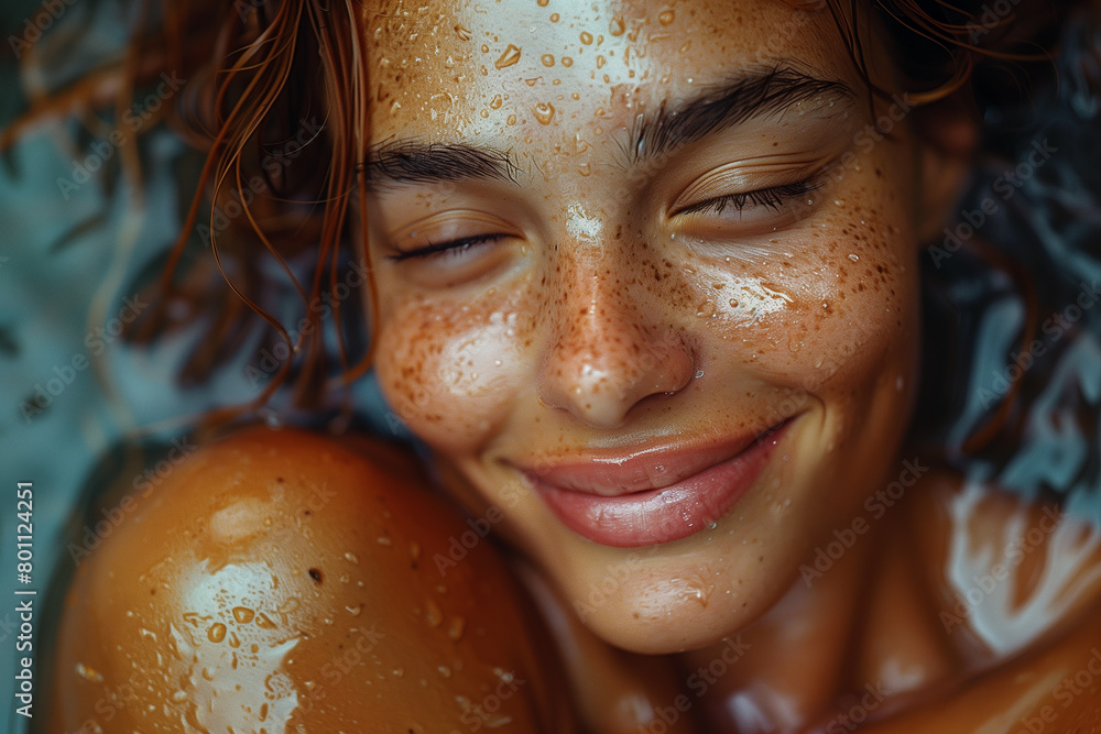 Up-close shot of athletes embracing in celebration after a hard-fought victory. A woman with freckles smiling in a bath, eyes closed, with black hair Up-close shot of athletes embracing in celebration after a hard-fought victory. A woman with freckles smiling in a bath, eyes closed, with black hair