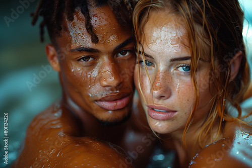 Up-close shot of athletes embracing in celebration after a hard-fought victory .a man and a woman are standing next to each other in the water © ivlianna