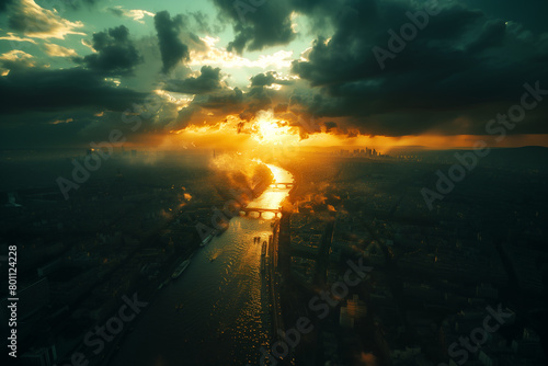 Vibrant aerial shot of Paris during the Olympic Games, showcasing the city's energy and excitement .A dusk aerial view of a river with sunlight filtering through cumulus clouds