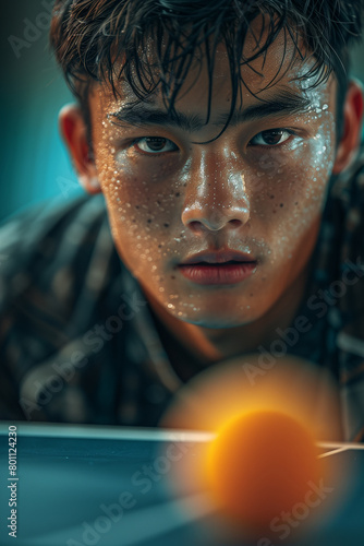 Table tennis player executing a lightning-fast smash with precision.Young man enjoying a game of ping pong, focused on the ball as he plays