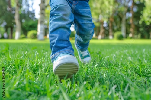 Child Running on Green Grass Towards New House - Playful Activity, Family Relocation, Real Estate