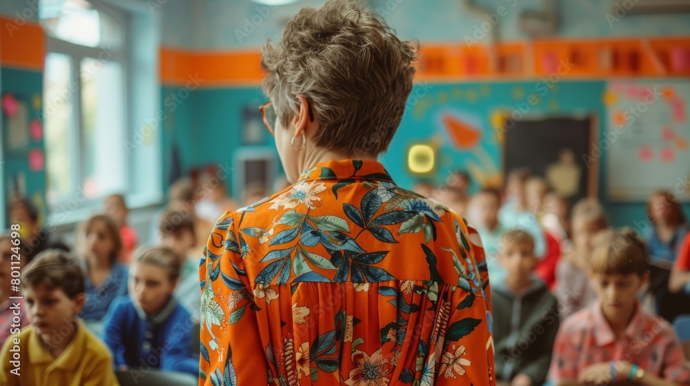A teacher in a vibrant blouse standing in front of a classroom full of students.