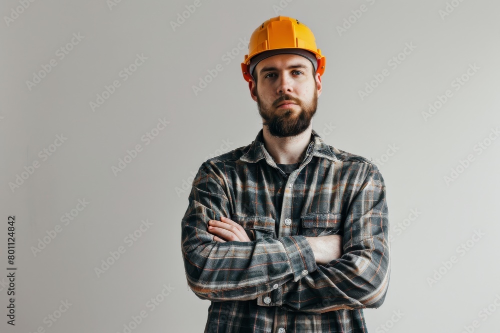 construction worker proudly stands against a clean white backdrop, exuding confidence and professionalism. construction worker proudly stands against a clean white backdrop, exuding confidence and professionalism.