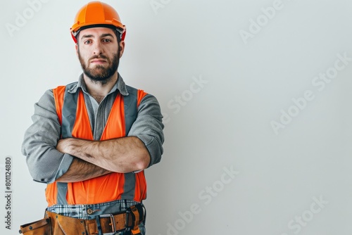 construction worker proudly stands against a clean white backdrop, exuding confidence and professionalism.