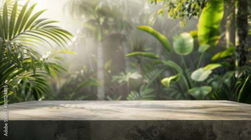 A smooth concrete table overlooks a dense and misty tropical jungle scene in the morning light.