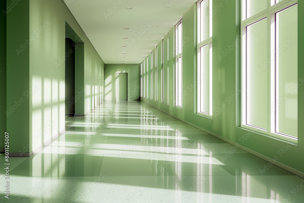 Light green glossy corridor with large windows, lit by sunlight.