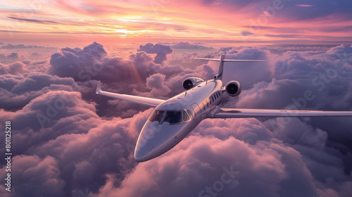 A luxurious private jet sails smoothly through a dramatic cloudscape illuminated by the radiant colors of dusk, highlighting the elegance of modern air travel.
 photo