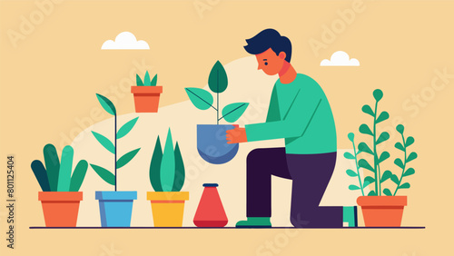 With a soft hum the man harmoniously arranges pots and plants creating a serene and welcoming space..
