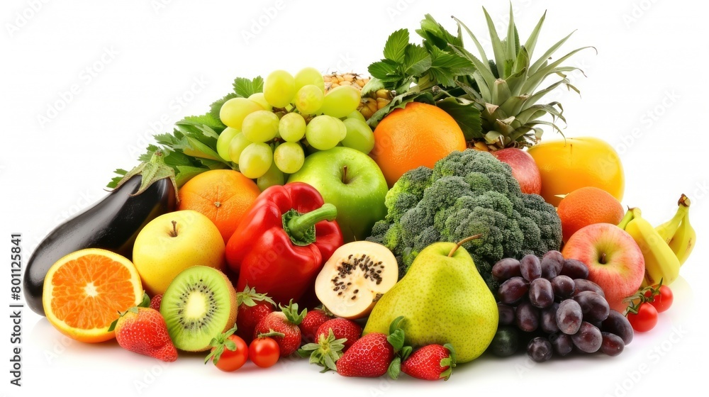 photo of various fresh vegetables and fruits in white background