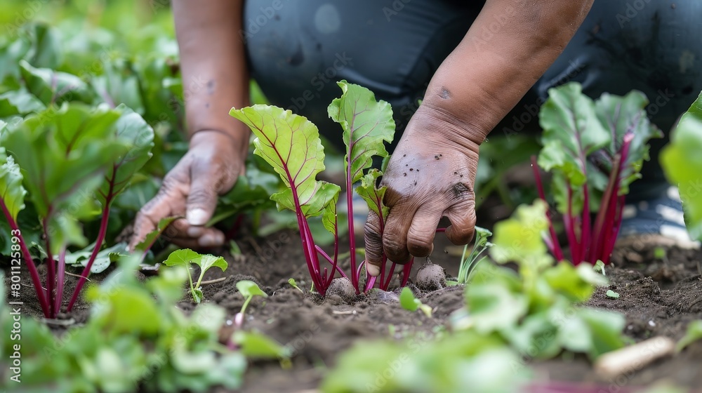 Fototapeta premium In the community garden, the African American woman carefully inspects the beets, her hands deftly pulling them out of the soil, removing any debris.