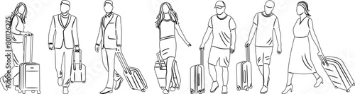 people walking with suitcases sketch on white background vector