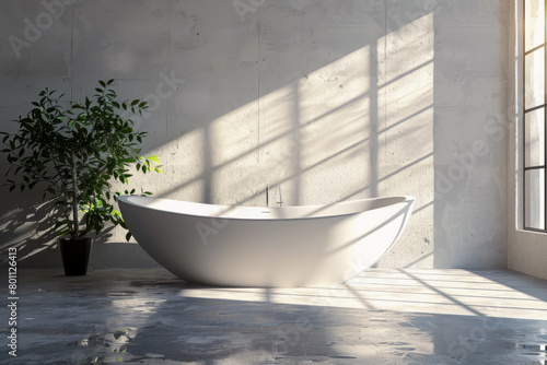 Modern bathroom interior with a white bathtub and a plant. 3d rendering mock up