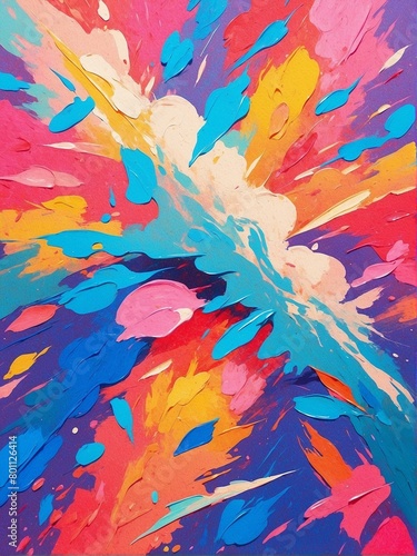 This abstract painting features a dynamic burst of colors splashing across the surface, evoking a sense of movement and energy © ArtistiKa