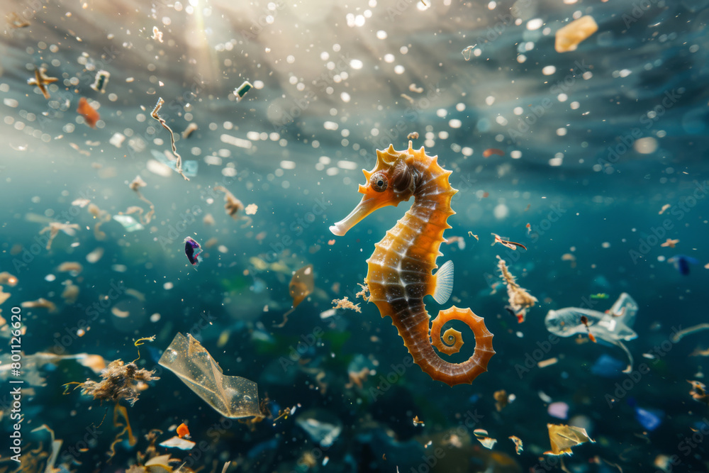Seahorse swimming in littered water. Close-up of a seahorse. Concept of pollution of seas and oceans. Seahorse swimming in littered water. Close-up of a seahorse. Concept of pollution of seas and oceans.