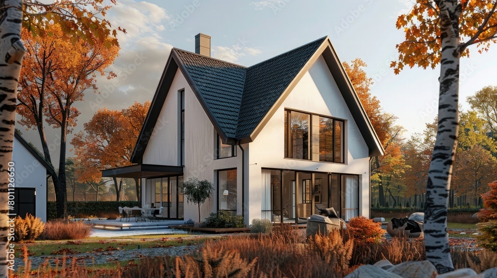 Generate a 3D representation of a white and black modern Tudor home, embraced by the ambiance of autumn.