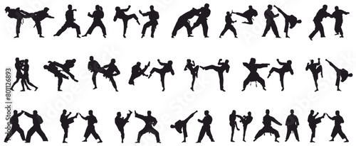 Silhouette of  martial art mma fighter, kick boxing, Muay thai, wrestling, jujitsu, taekwondo and boxing. Self defense mix martial art 