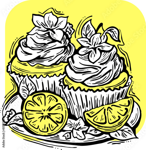 Sweet tasty dessert cupcake with cream and deco for morning breakfast in café or restaurant. Mini birthday cake for pleasure. Hand drawn retro vintage colorful vector illustration. Old style drawing.
