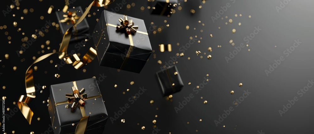 Black and gold gift box with sparkling glitter confetti for black friday social media marketing. Black friday sales concept. Top view photo of black gift boxes. Generative Ai Black and gold gift box with sparkling glitter confetti for black friday social media marketing. Black friday sales concept. Top view photo of black gift boxes. Generative Ai