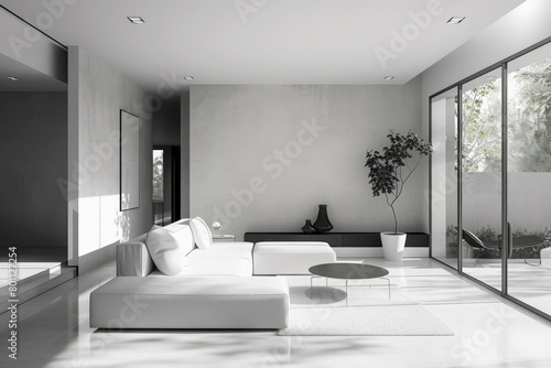 Modern living room interior with white walls  concrete floor  comfortable white sofa and coffee table.