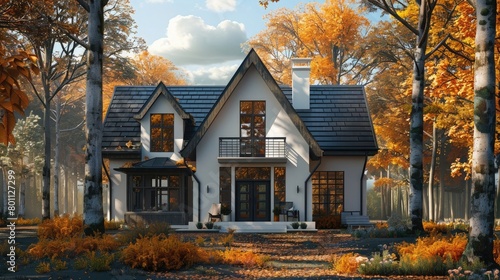 Generate a 3D representation of a white and black modern Tudor home, embraced by the ambiance of autumn.