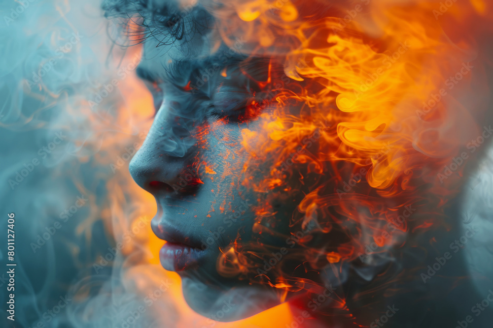 Close-up portrait of a man with red and blue smoke and fire on his face.