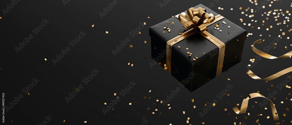Obraz premium Black and gold gift box with sparkling glitter confetti for black friday social media marketing. Black friday sales concept. Top view photo of black gift boxes. Generative Ai