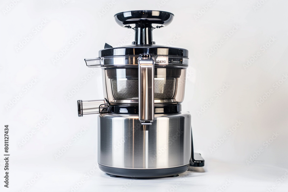 A professional-grade juicer with a heavy-duty motor and a durable stainless steel juicing screw isolated on a solid white background. A professional-grade juicer with a heavy-duty motor and a durable stainless steel juicing screw isolated on a solid white background.