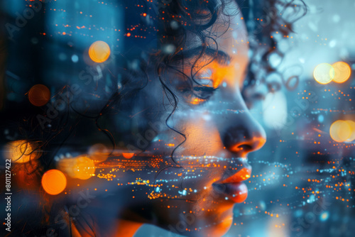 Double exposure of woman face and city at night with bokeh