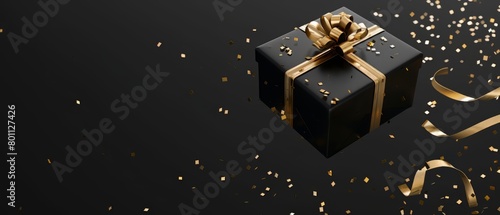 Black and gold gift box with sparkling glitter confetti for black friday social media marketing. Black friday sales concept. Top view photo of black gift boxes. Generative Ai