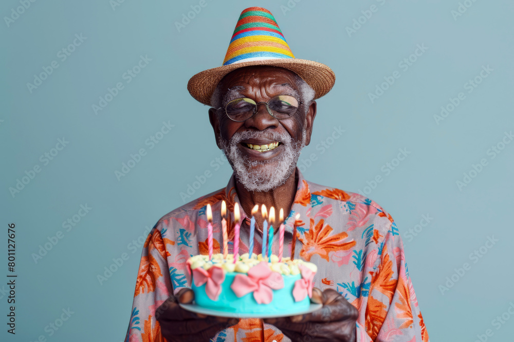 Obraz premium Funny portrait of African grandfather with cake and lighted candles on blue background. Retiree birthday party concept.