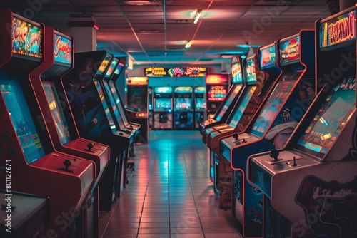 AI-generated illustration of a corridor featuring retro arcade machines and games on display photo