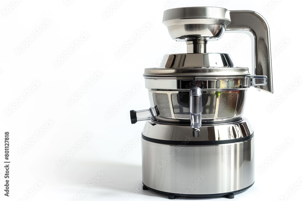 A professional-grade juicer with a heavy-duty motor and a durable stainless steel juicing screw isolated on a solid white background. A professional-grade juicer with a heavy-duty motor and a durable stainless steel juicing screw isolated on a solid white background.