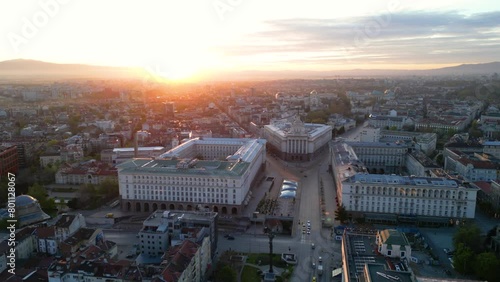 Aerial drone shot of the National Assembly in Sofia. High angle footage of Independance Square , the Presidency Bulgaria and the Counsil of Ministers of Bulgaria.
 photo