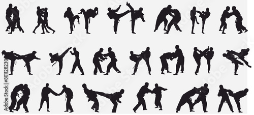 martial arts silhouette bundle for any design purpose.
 Taekwondo, judo, wushu, capoeira, mma fighters in fighting poses, action. Wrestling, kick boxing, muay thai, sambo sports.