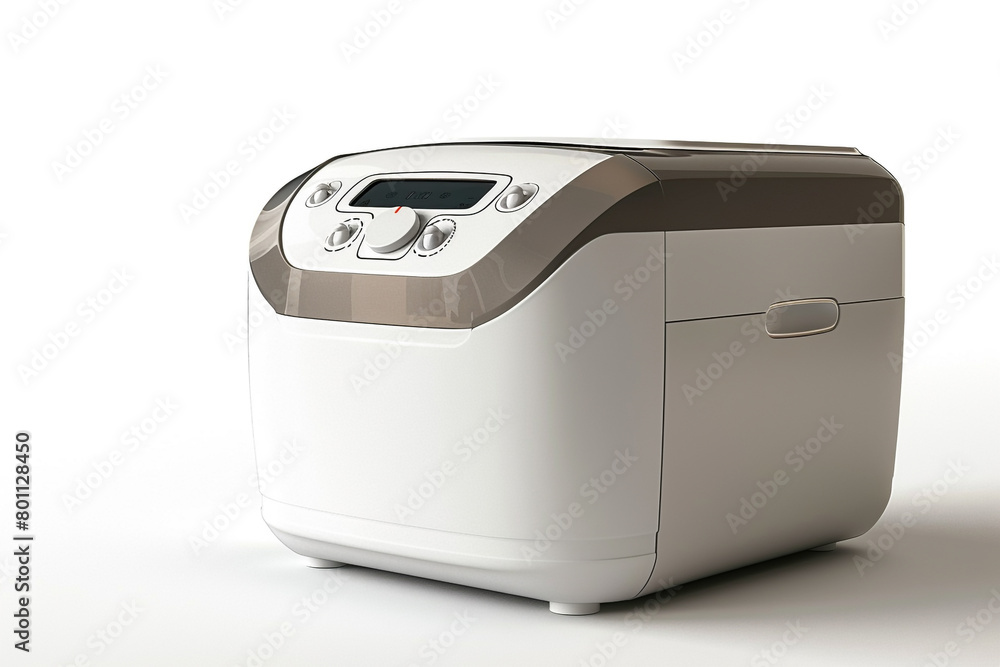A programmable bread maker with gluten-free bread options and a keep-warm function isolated on a solid white background. A programmable bread maker with gluten-free bread options and a keep-warm function isolated on a solid white background.