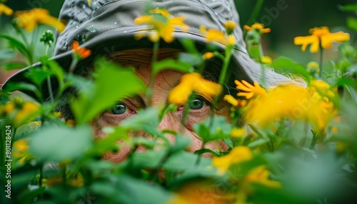 Close up of woman s eye among lush greenery and colorful flowers, intense gaze in nature setting © Andrei