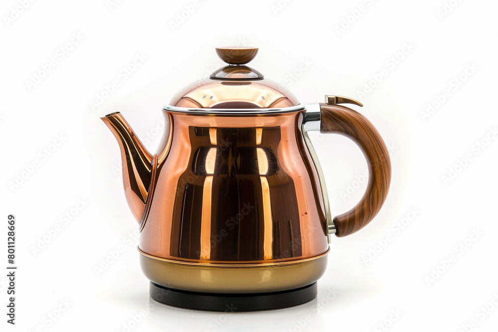 A retro-style electric kettle with a polished copper finish and a wooden handle isolated on a solid white background. A retro-style electric kettle with a polished copper finish and a wooden handle isolated on a solid white background.