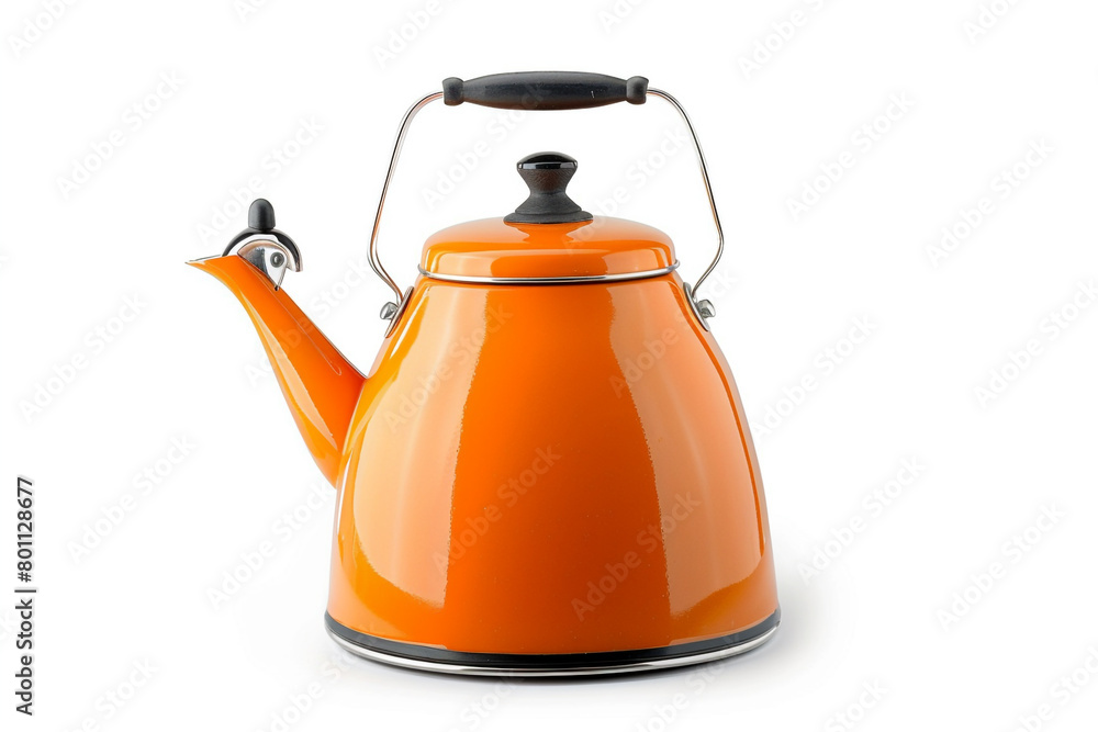 A retro-style electric kettle with a vibrant orange enamel finish and a whistle spout isolated on a solid white background.