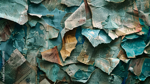 Creative Vintage Background Made of Torn Newspaper Pieces. Generative AI. photo