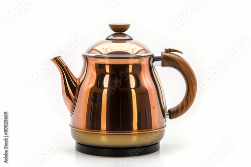 A retro-style electric kettle with a polished copper finish and a wooden handle isolated on a solid white background.