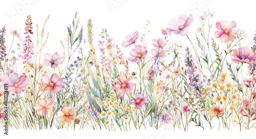 Colorful watercolor wildflower panoramic border. Seamless file.