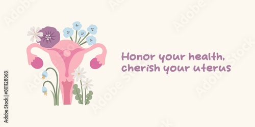 Floral uterus and inspirational quote about women’s health. Female strength and reproductive wellness concept. Perfect for health education, women's rights projects, and medical awareness. Gynecology
