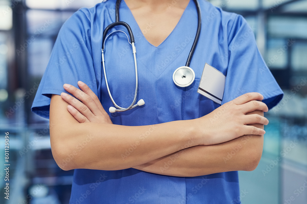 Doctor, hands and arms crossed or professional healthcare in hospital or confidence for stethoscope, cardiology or medicine. Person, career and wellness consultation or hypertension, results or care Doctor, hands and arms crossed or professional healthcare in hospital or confidence for stethoscope, cardiology or medicine. Person, career and wellness consultation or hypertension, results or care