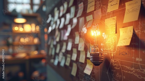 creative ideas concept picture of glowing light bulb with sticky note from teamwork on brainstorming board background.