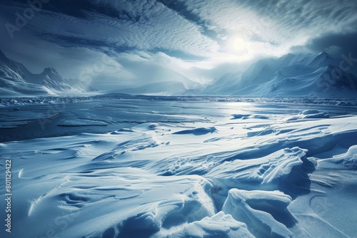 Snow-covered Arctic landscape above frozen water, displaying a textured surface