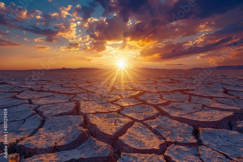 Sunset over a cracked desert landscape, illustrating severe drought and climate change effects. Panoramic view for World Soil Day with space for text