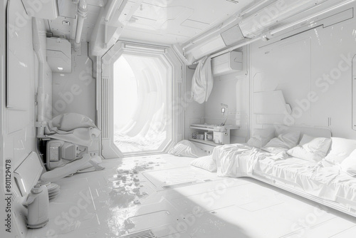 Interior of a white room in a spaceship.