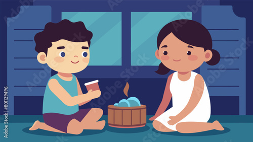 Two siblings sit in the sauna reminiscing about their childhood memories and strengthening their sibling bond..