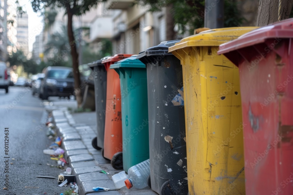 Recycling bins on the sidewalk in the city for sorting waste Recycling bins on the sidewalk in the city for sorting waste